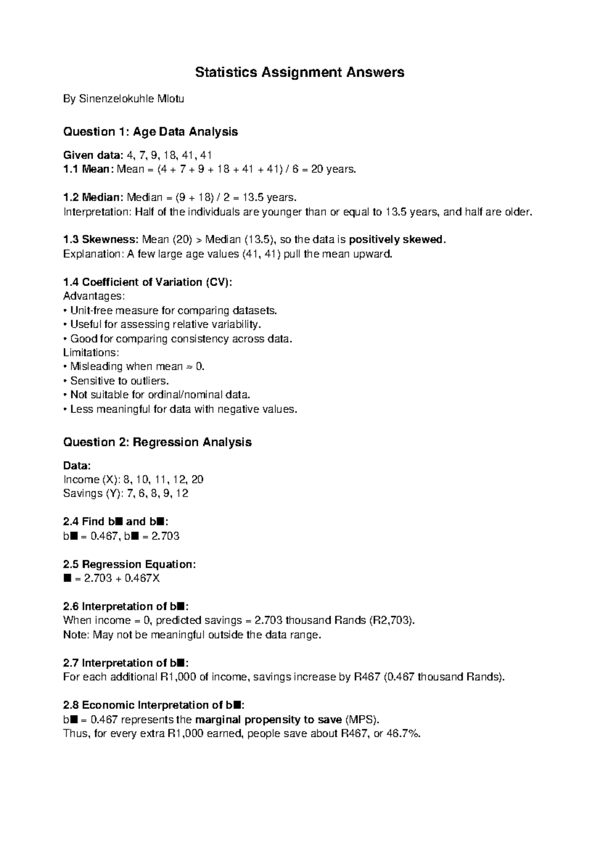 Statistics Assignment Answers: Age Data & Regression Analysis - Studocu