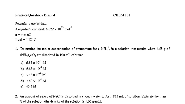 Practice Questions for Exam 4 - CHEM 101 - Studocu