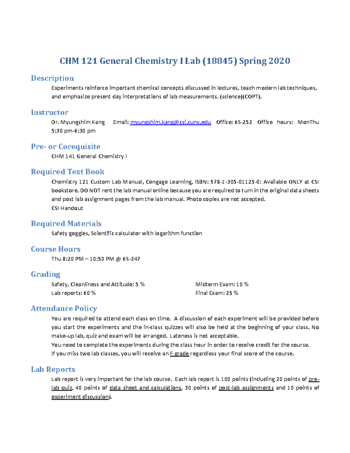 CHM 121 General Chemistry I Lab Syllabus (18845) Spring 2020 - Studocu