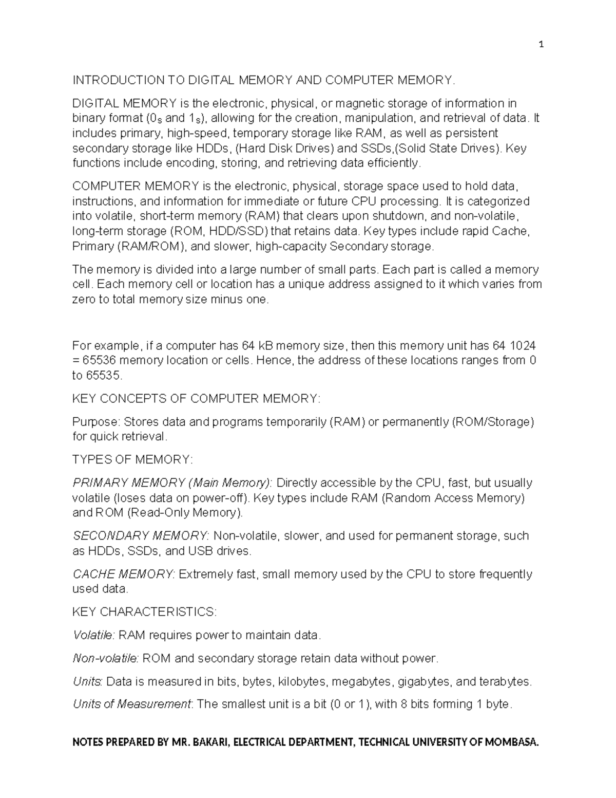 Introduction to Computer Memory: Key Concepts and Functions (ELECT 101 ...