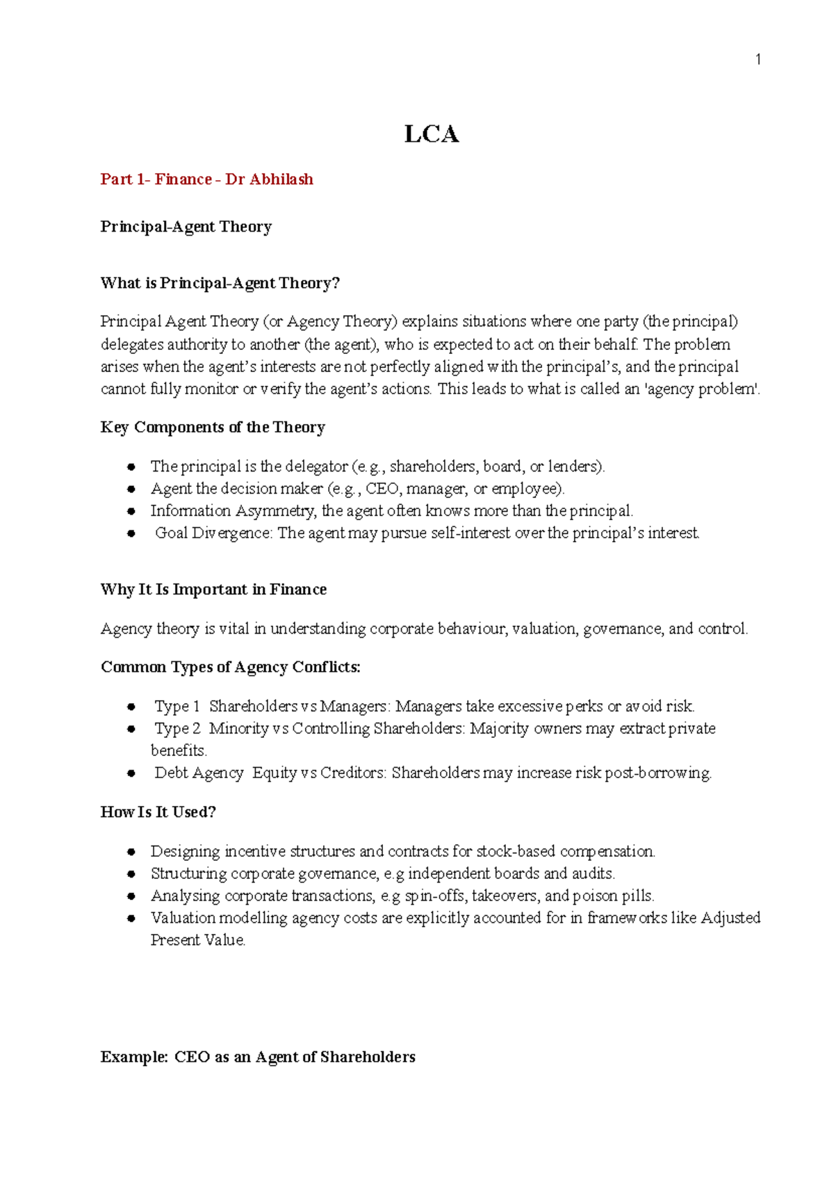 LCA Notes: Principal-Agent Theory in Finance and Corporate Governance ...