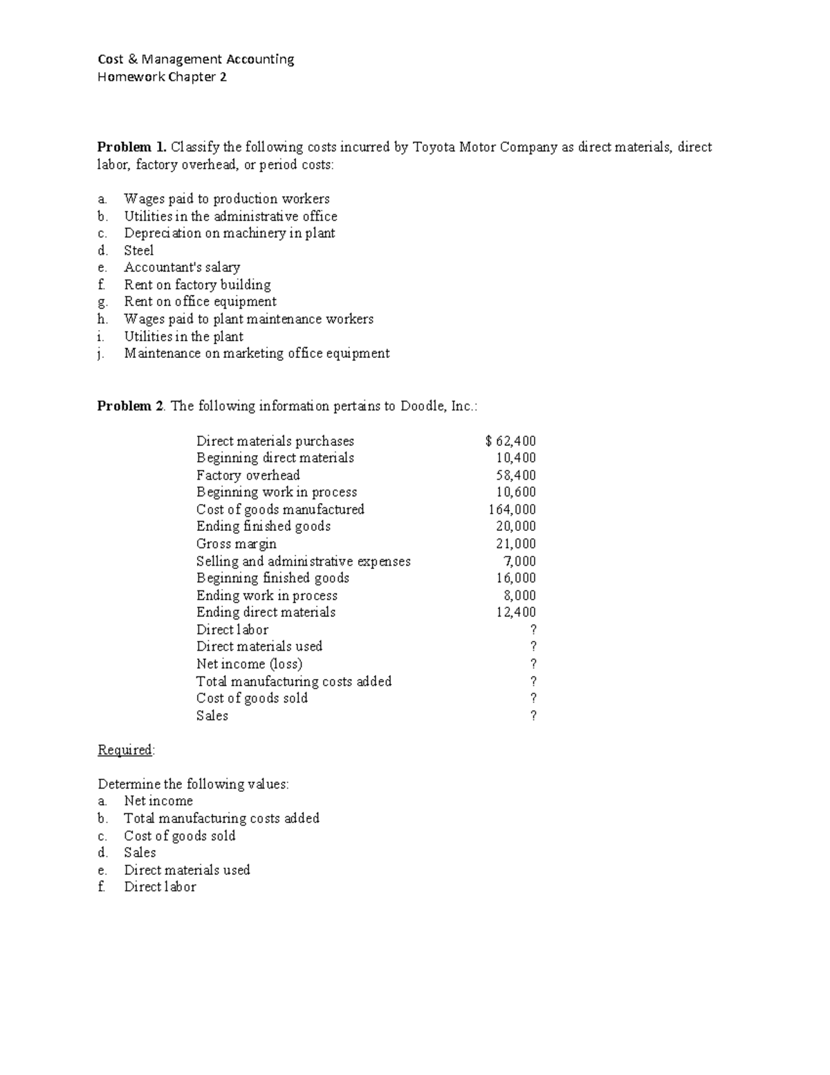 Cost Management Accounting Homework: Chapter 2 Problems Analysis - Studocu