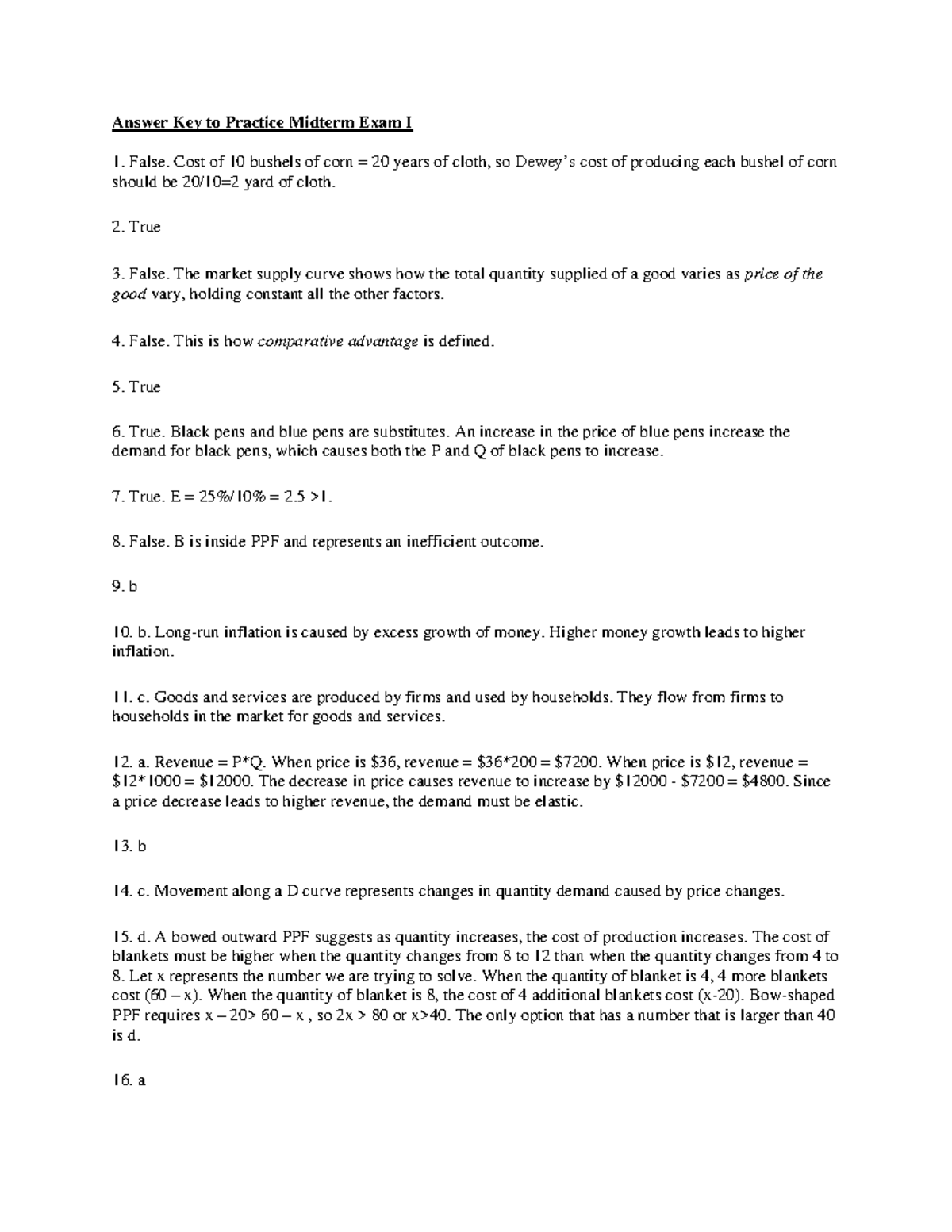 Answer Key for Practice Midterm Exam I - Economics 101 - Studocu