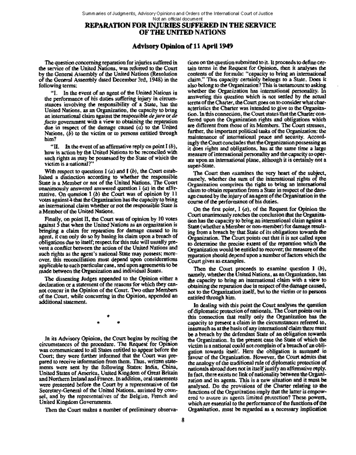 Advisory Opinion on Reparation for Injuries in UN Service (ICJ 1949 ...