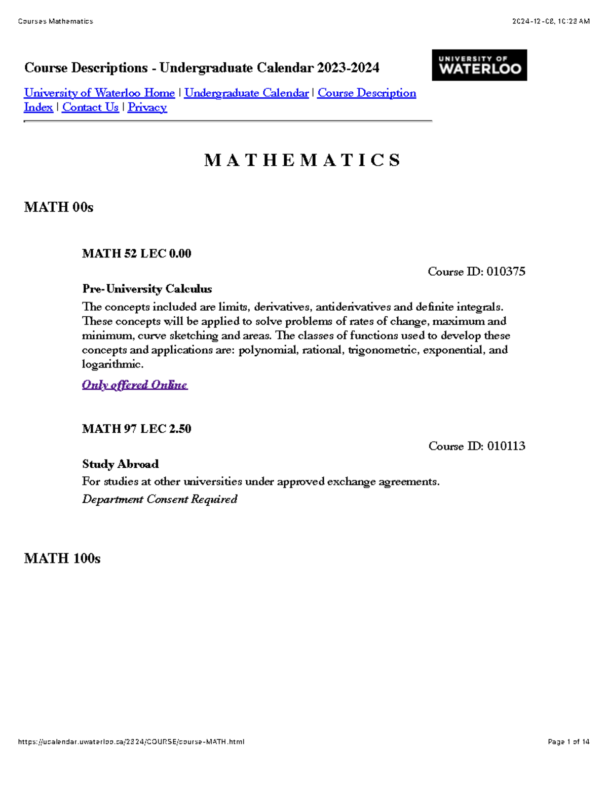 U Waterloo - Math Courses - Course Descriptions - Undergraduate ...