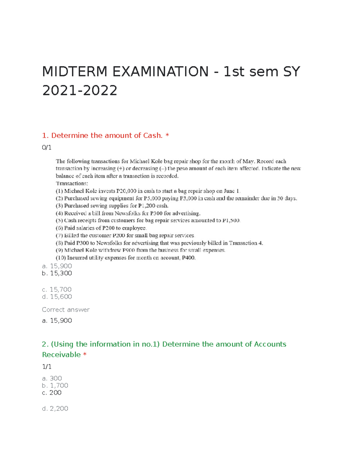 Sample Midterm Exam Questions for ACCT 101 - 1st Sem SY 2021 - Studocu