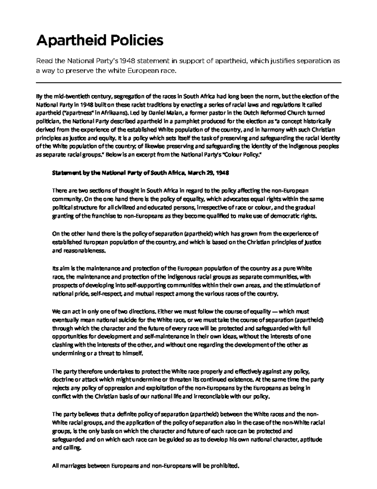 Apartheid Policies: Analyzing the 1948 National Party Statement - Studocu