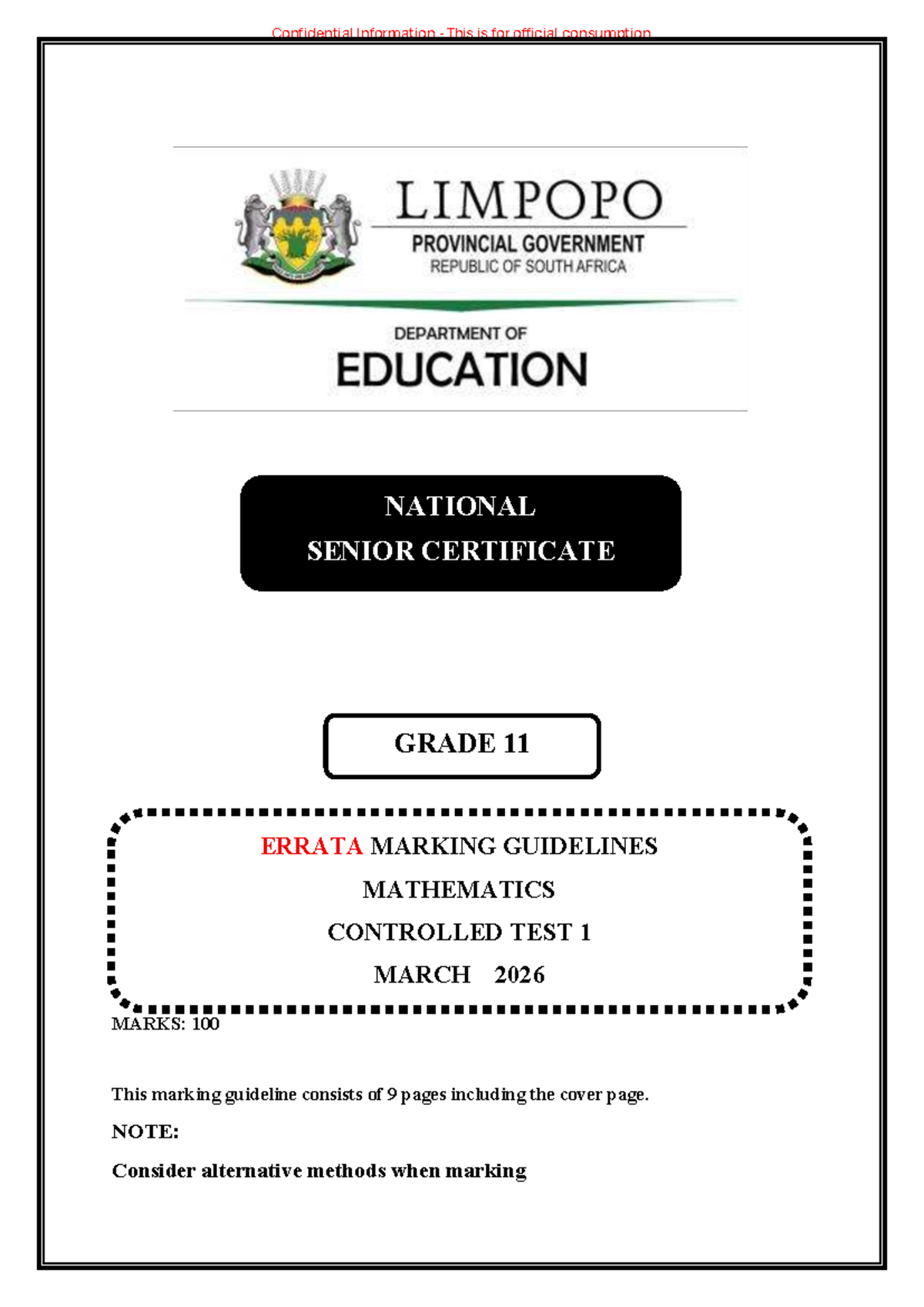 Mathematics Grade 11 NSC Controlled Test 1 Marking Guidelines - Studocu