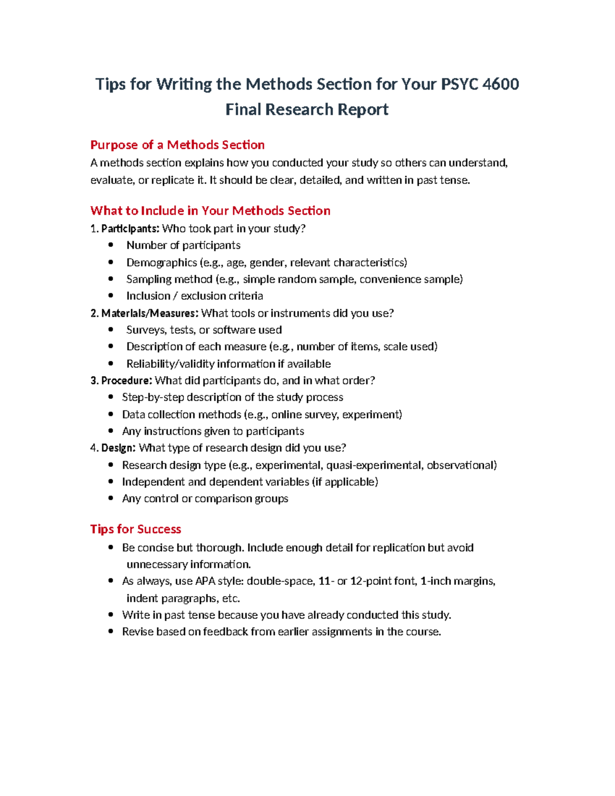 PSYC 4600 Final Research Report: Writing the Methods Section - Studocu
