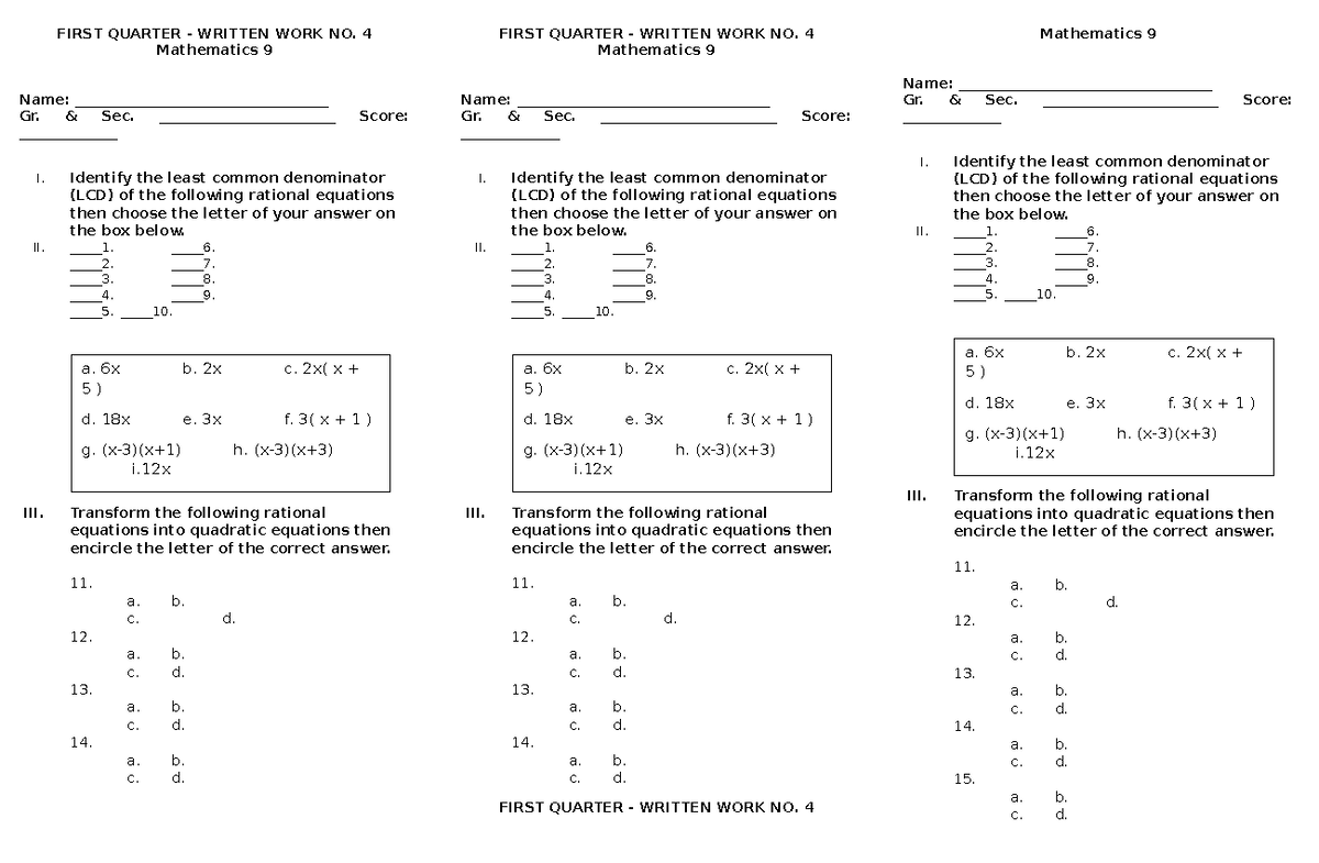 Mathematics 9 - First Quarter Written Work No. 4: LCD & Quadratics ...