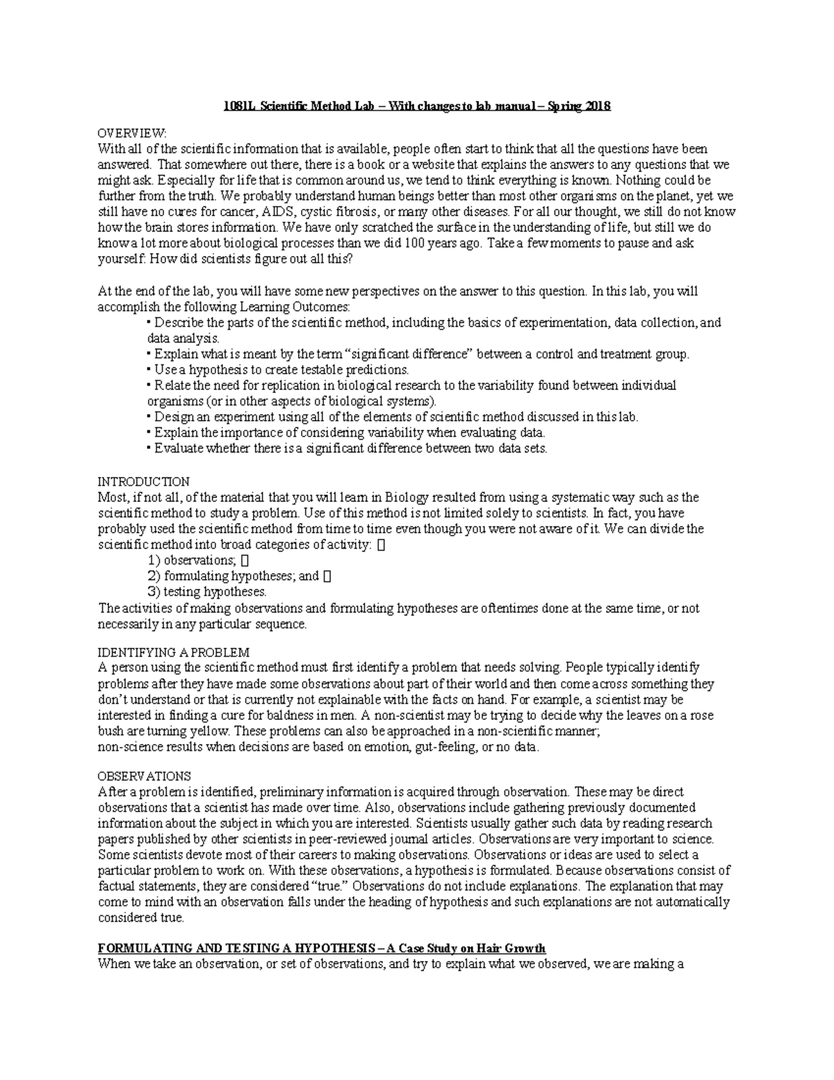 1081L Scientific Method Lab Manual: Spring 2018 Overview and Exercises ...