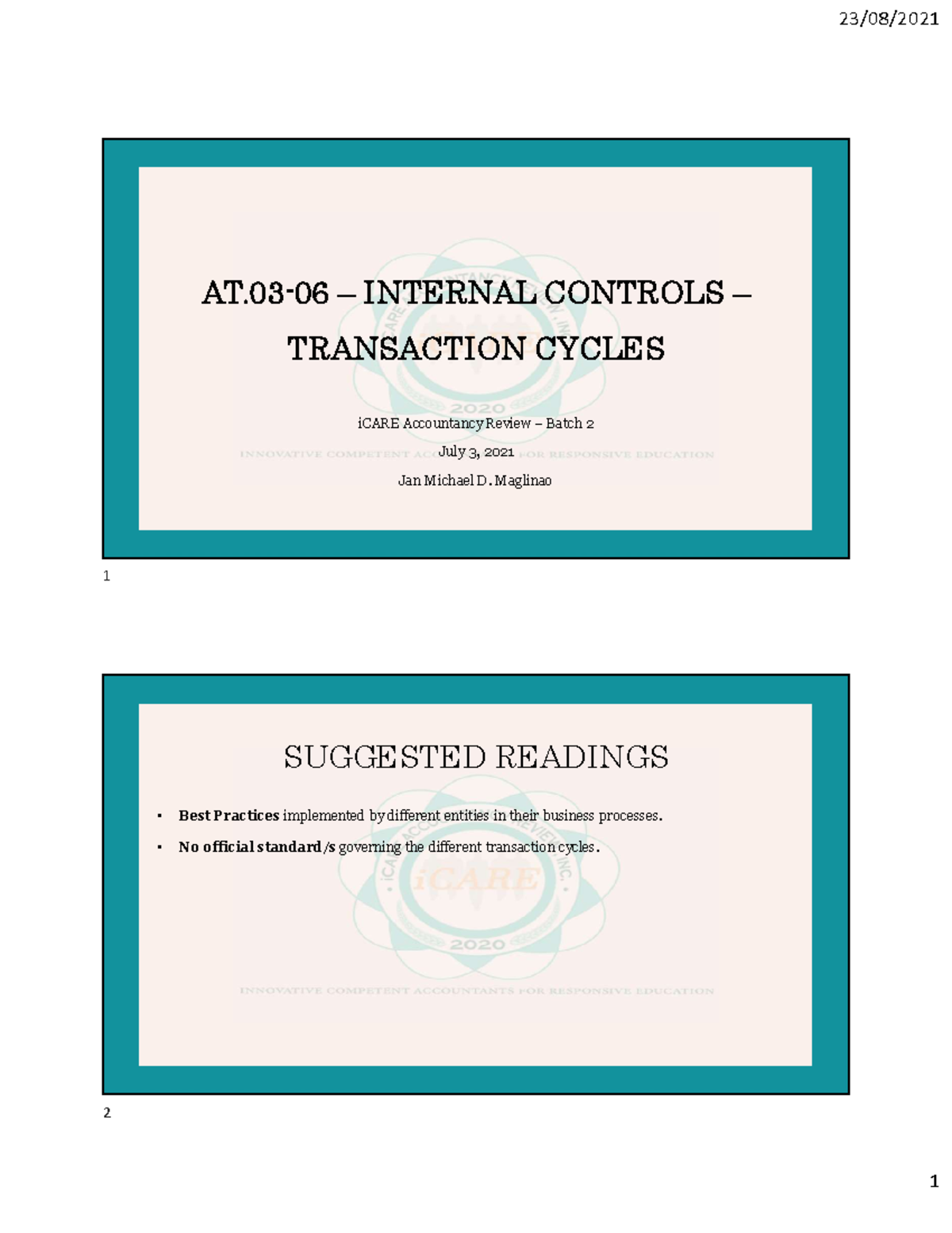 AT - Internal Controls in Transaction Cycles Presentation - Document Preview