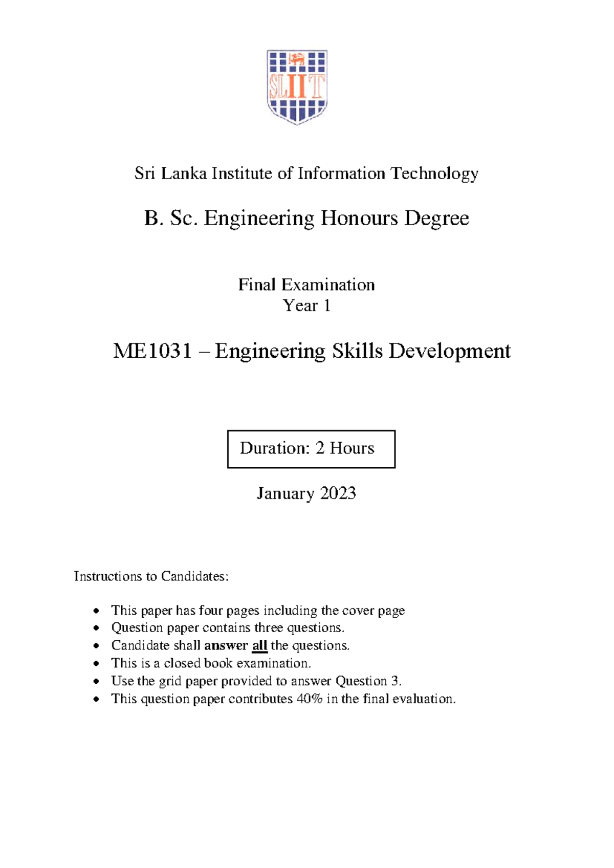 ME1031 - Final Exam: Engineering Skills Development January 2023 - Studocu