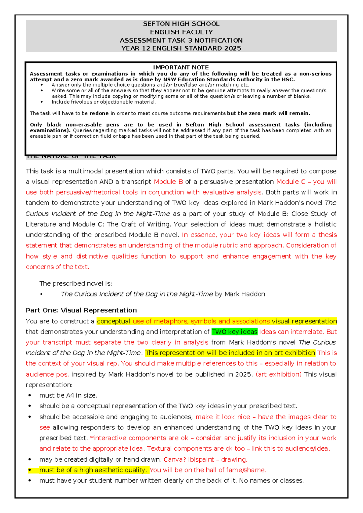 Year 12 English Standard (SEFTON) Assessment Task 3: Visual ...