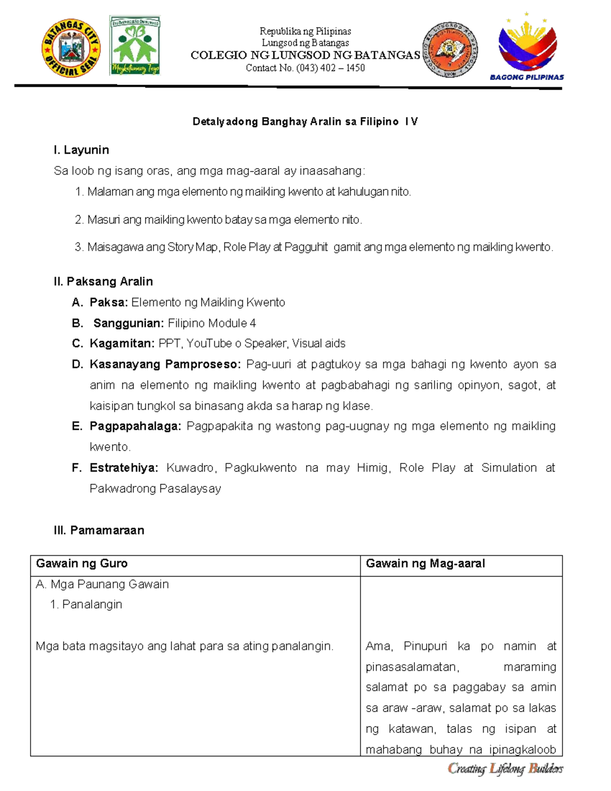 Filipino I Lesson Plan: Elemento ng Maikling Kwento - Studocu
