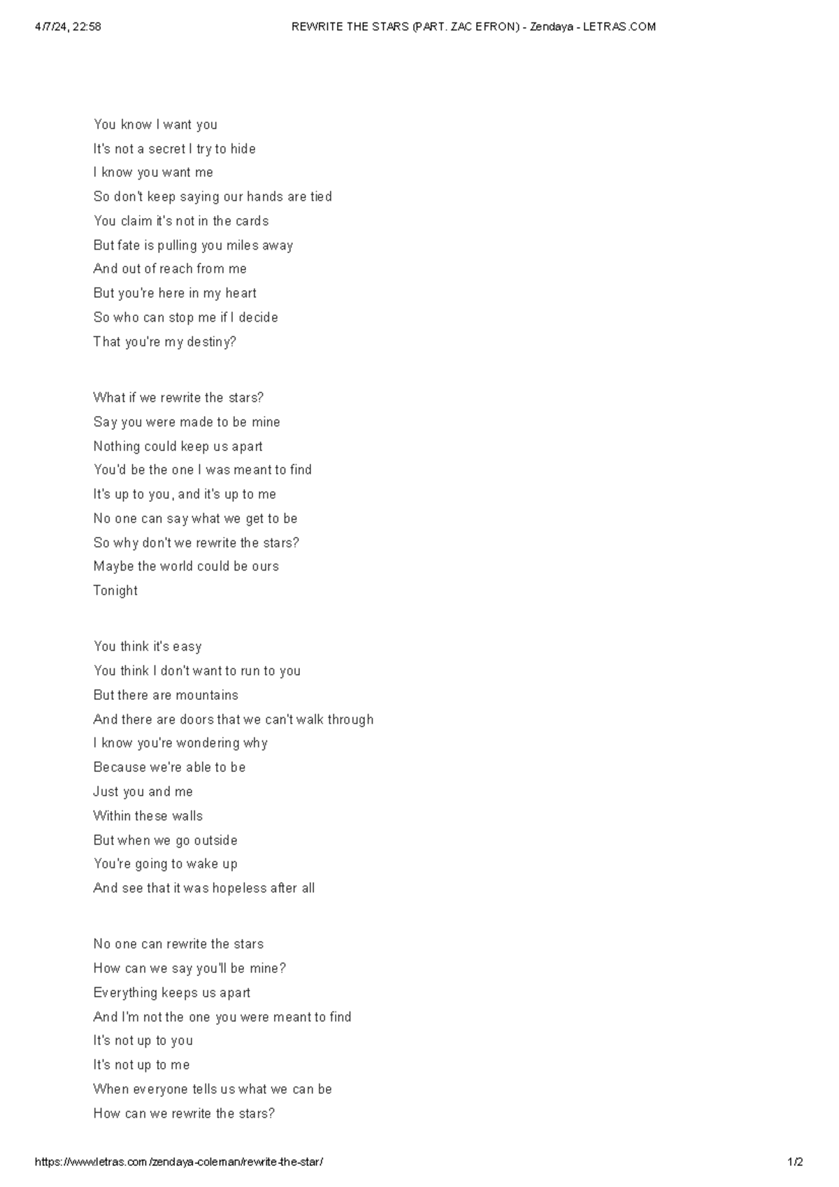 Rewrite the Stars - Lyrics by Zac Efron & Zendaya - Studocu