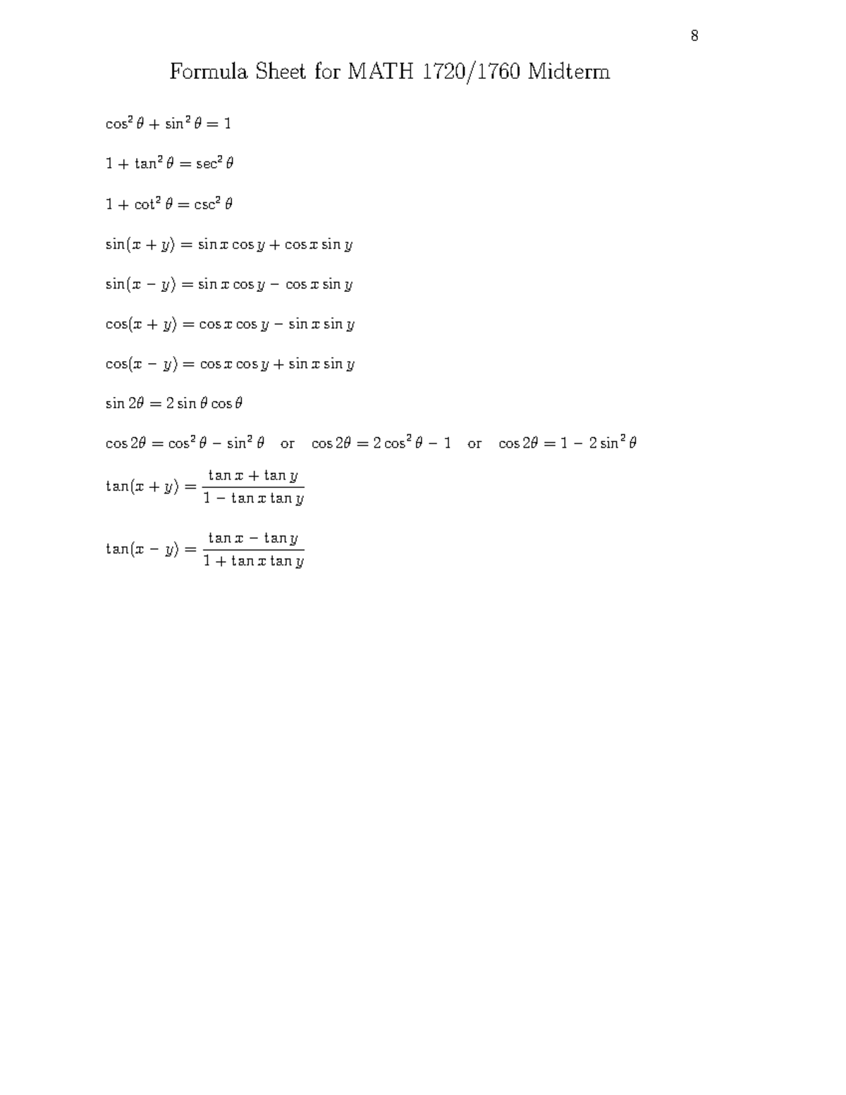MATH172017 Midterm Formula Sheet for W2025 - Studocu