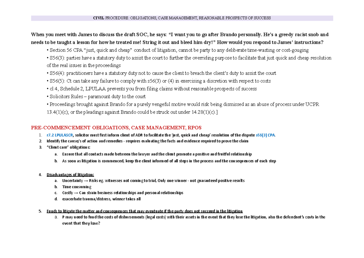 LAWS1014: Civil Procedure Obligations & Case Management Insights - Studocu