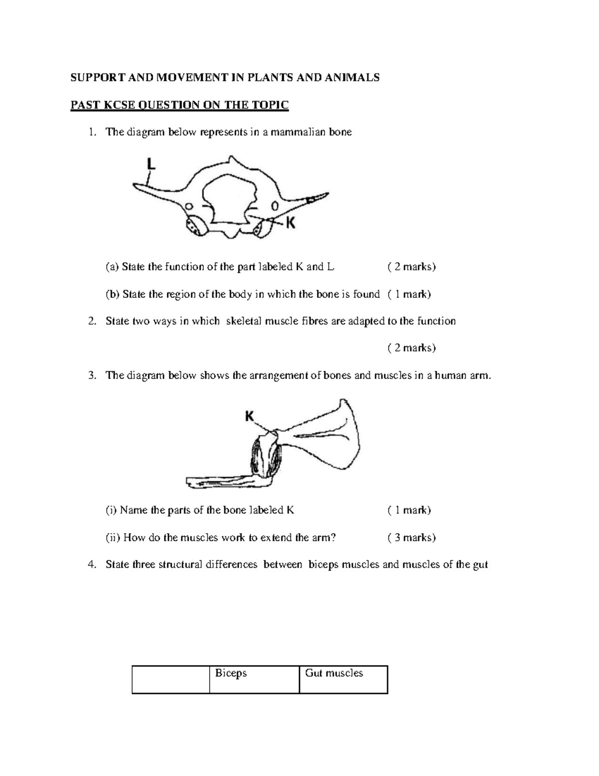 FORM-4 4 - Practice on Support and Movement in Plants & Animals - Studocu