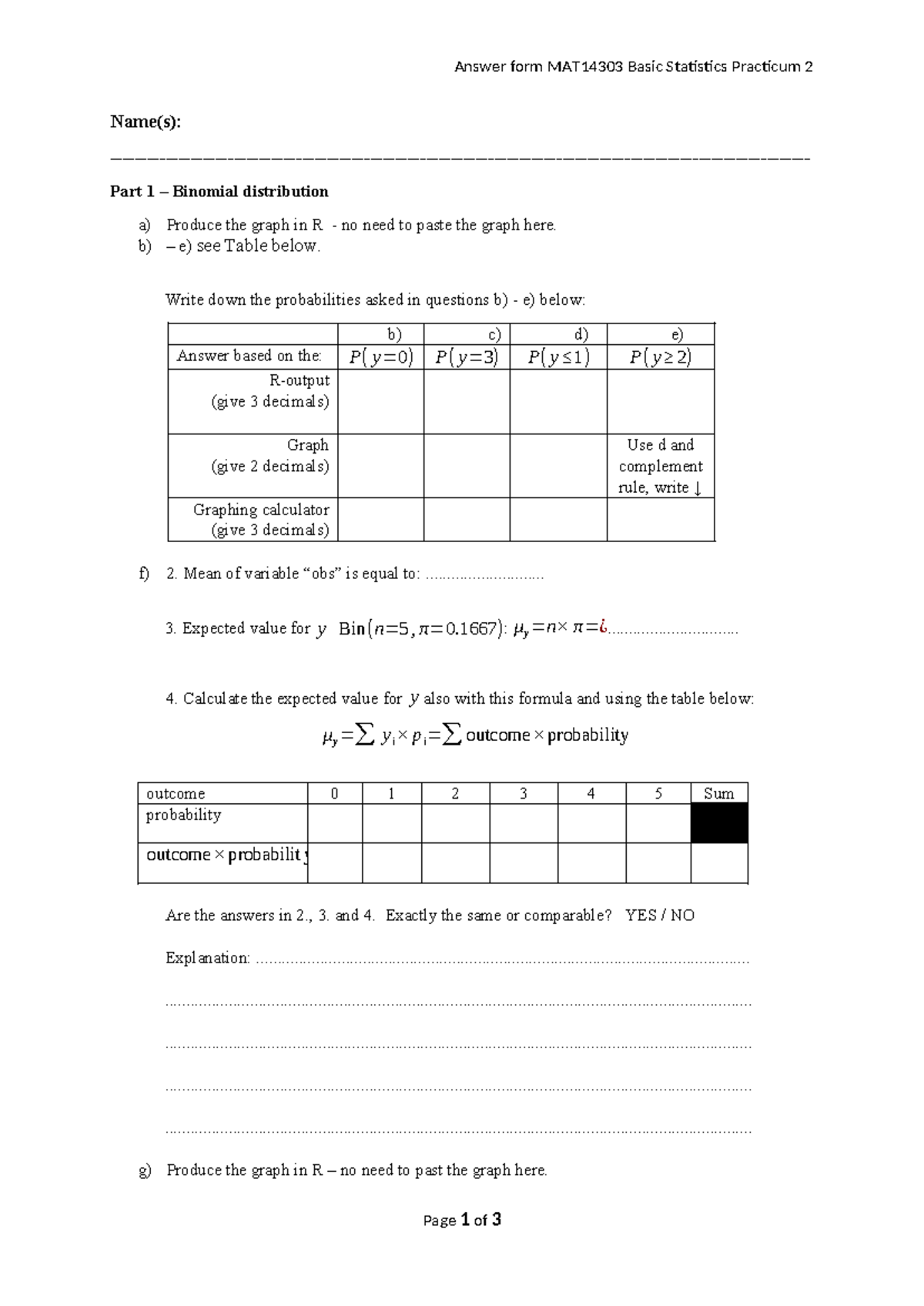 MAT14303 Basic Statistics Practicum 2: Binomial & Normal Distributions ...