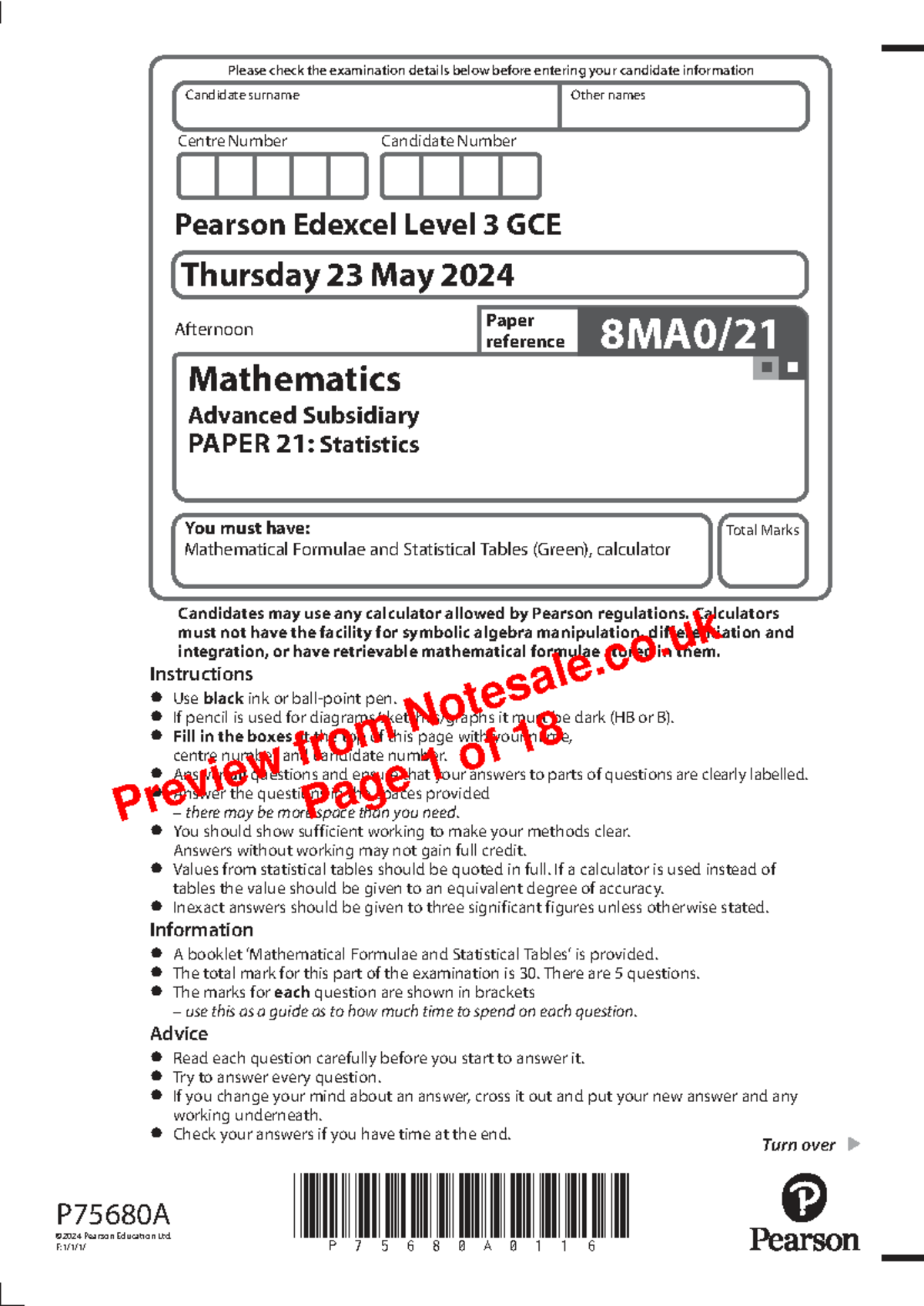 Mathematics AS Level 3 GCE Exam Details - Paper 21: Statistics - Studocu