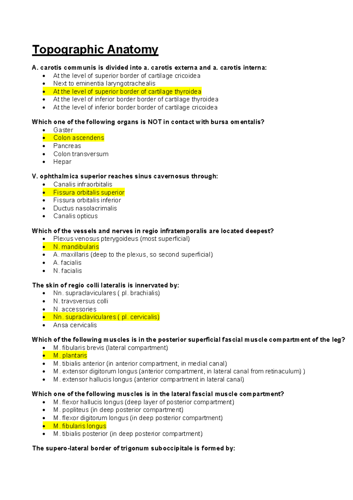 Topographic Anatomy - Questions for Course Code 6 - Studocu