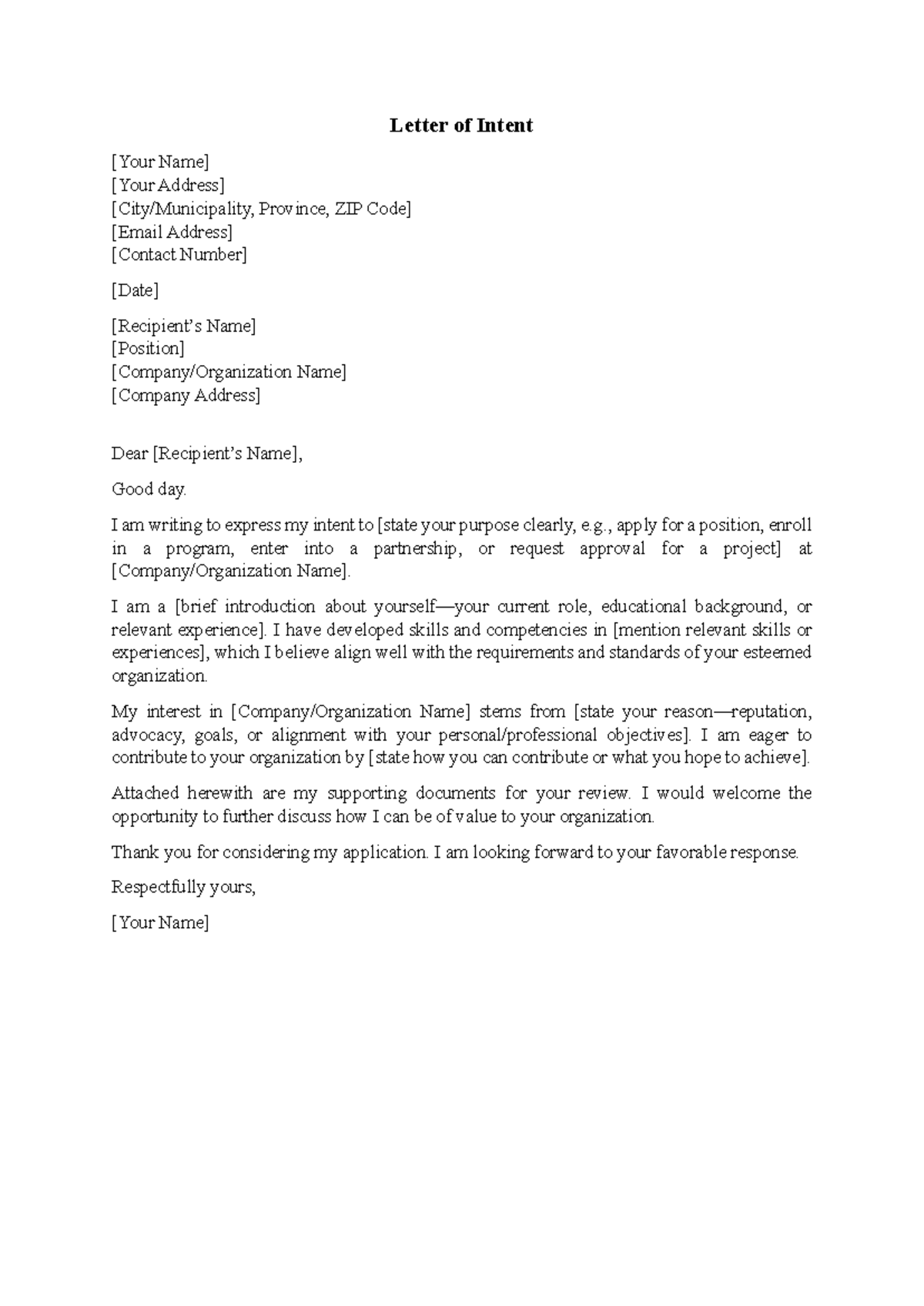 Letter of Intent for Application or Partnership - Studocu