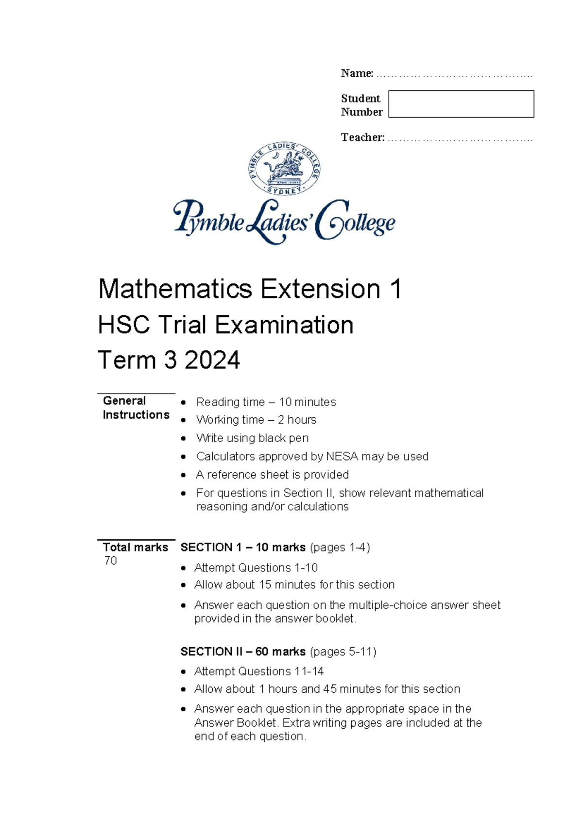 2024 Pymble Mathematics Extension 1 HSC Trial Examination - Studocu