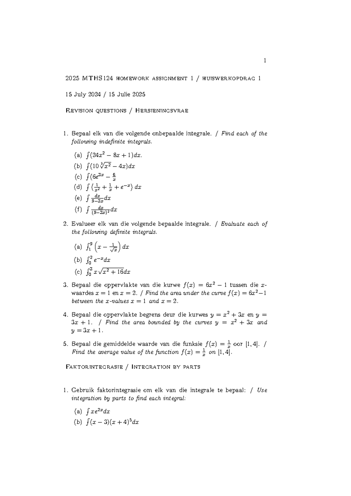 2025 MTHS124 Homework Assignment 1: Integration Problems - Studocu