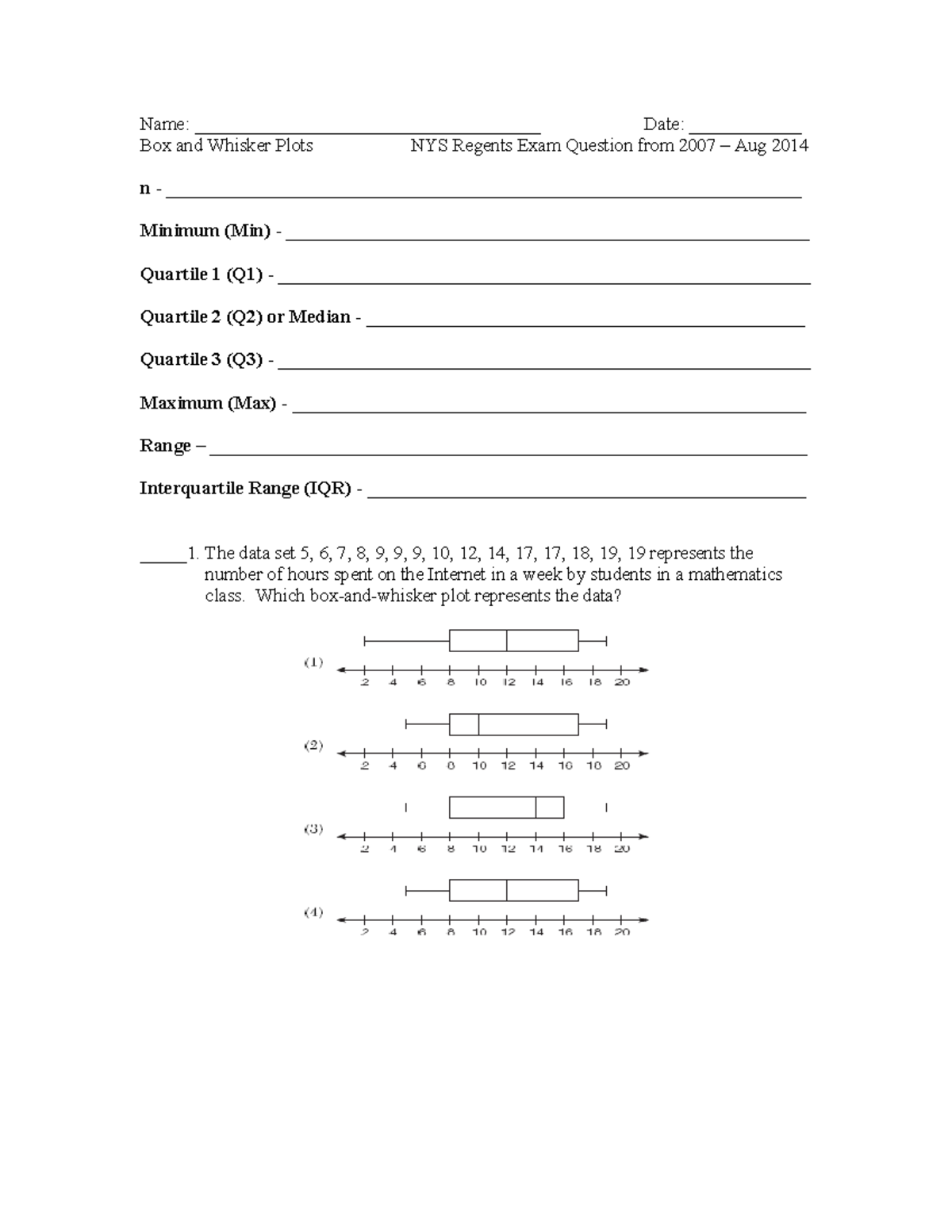 Box And Whisker Plot Exam Questions