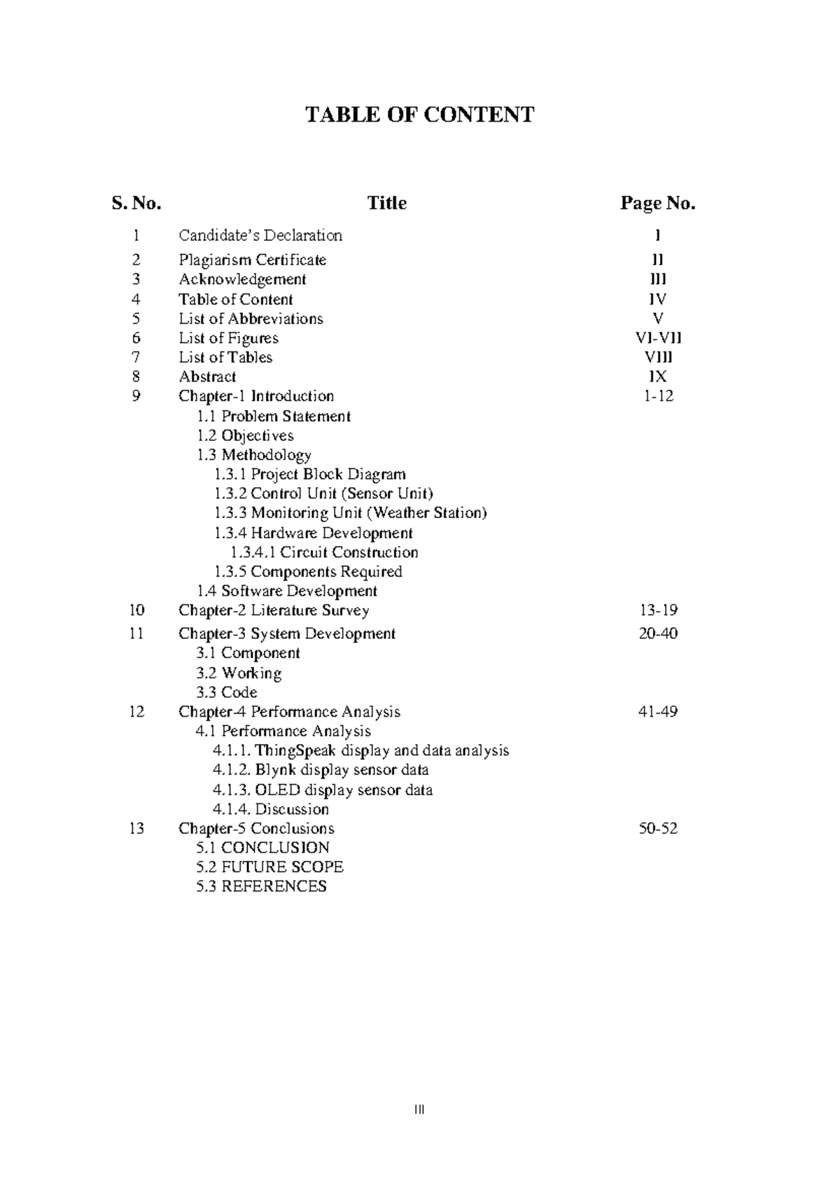 Weather Reporting System - III TABLE OF CONTENT S. No. Title Page No. 1 ...