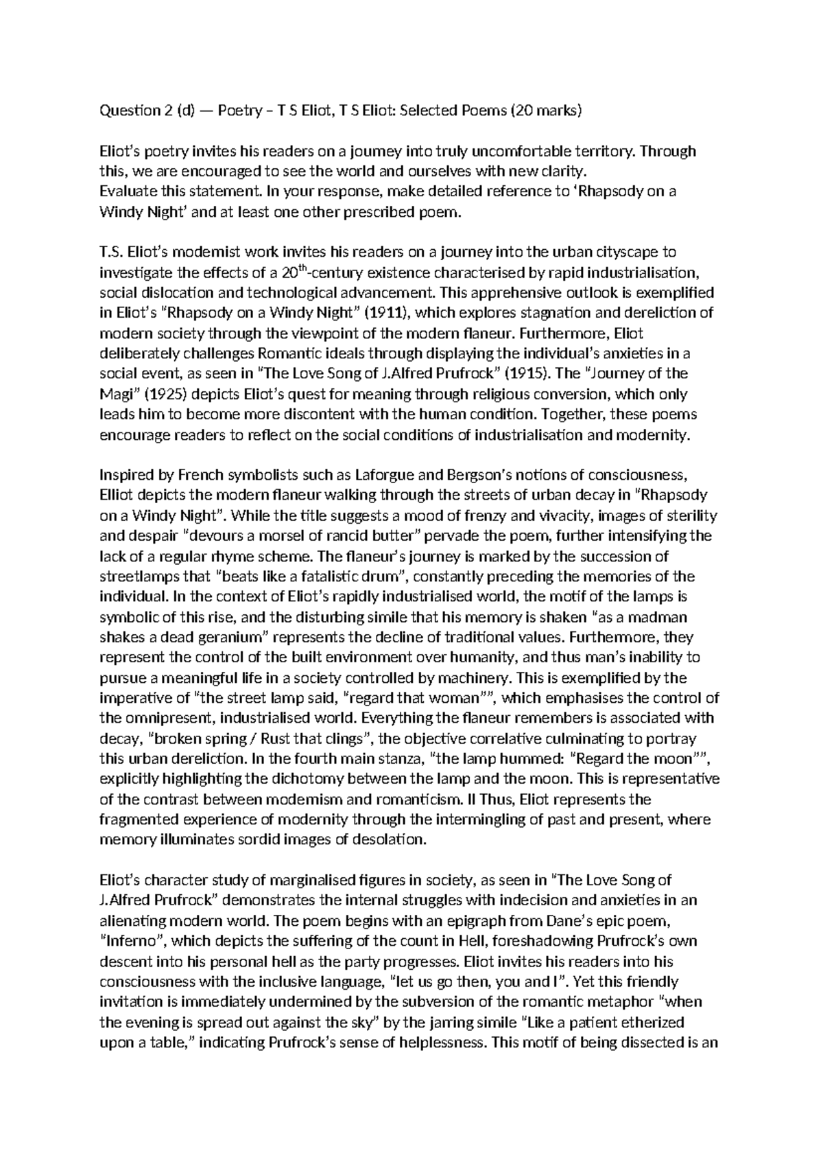 Mod B Response - Journeys in T.S. Eliot's Poetry (20 Marks) - Studocu