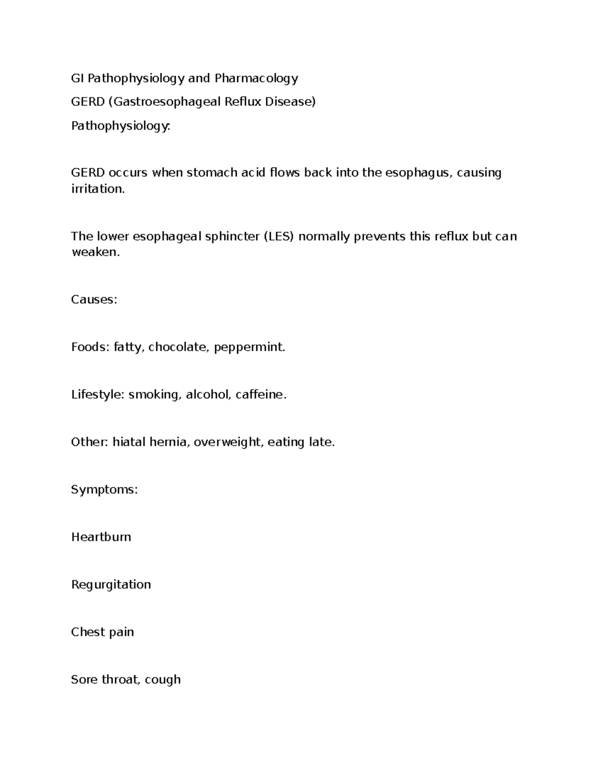 Patho study guide - GI Pathophysiology and Pharmacology GERD ...