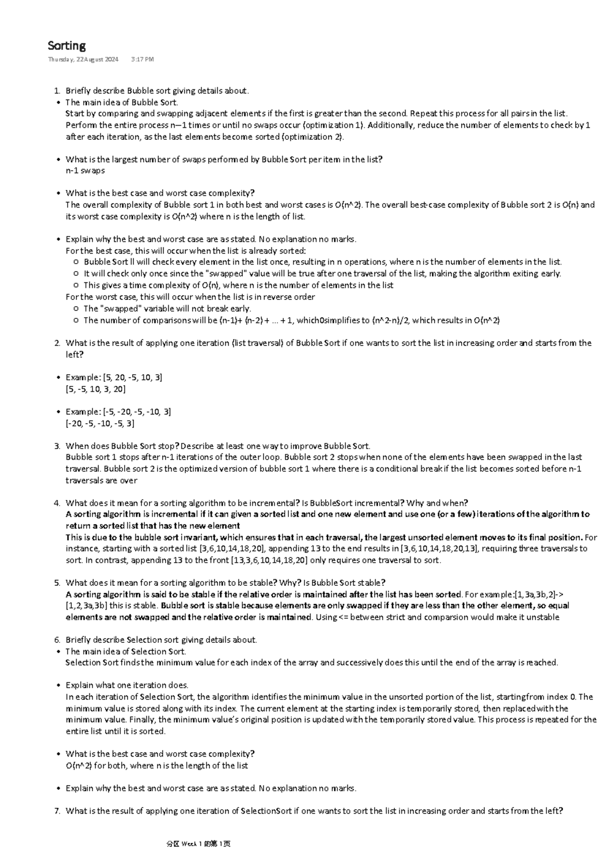 FIT1008 - Sorting Algorithms: Bubble, Selection, and Insertion Notes ...