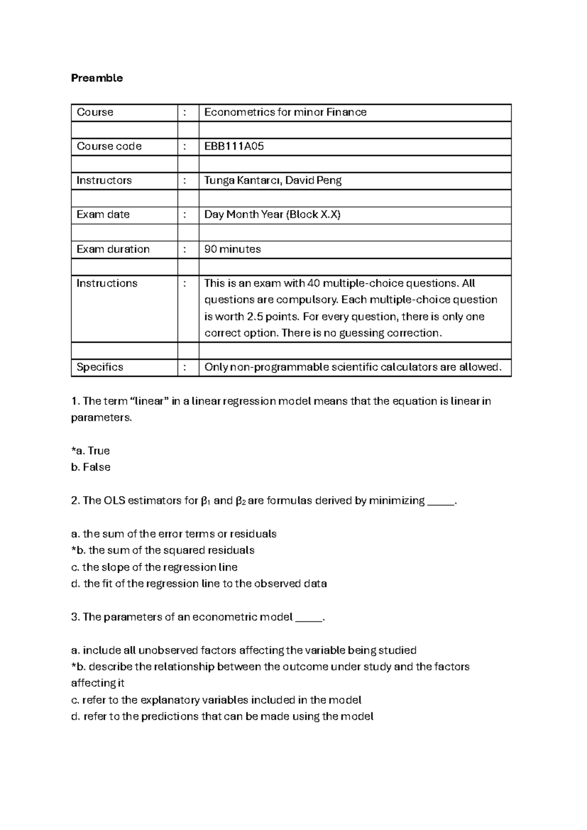 Econometrics Exam Mock (FIN 101) - Fall 2025 Answers - Studeersnel