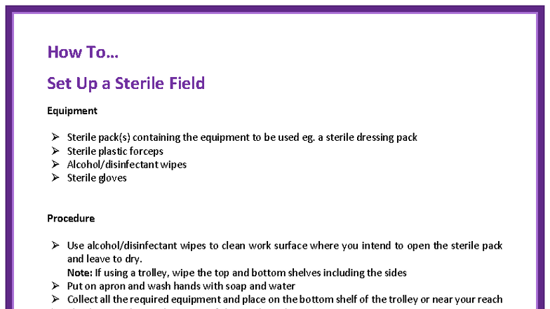 Setting Up a Sterile Field: Procedure and Equipment Guide - Studocu