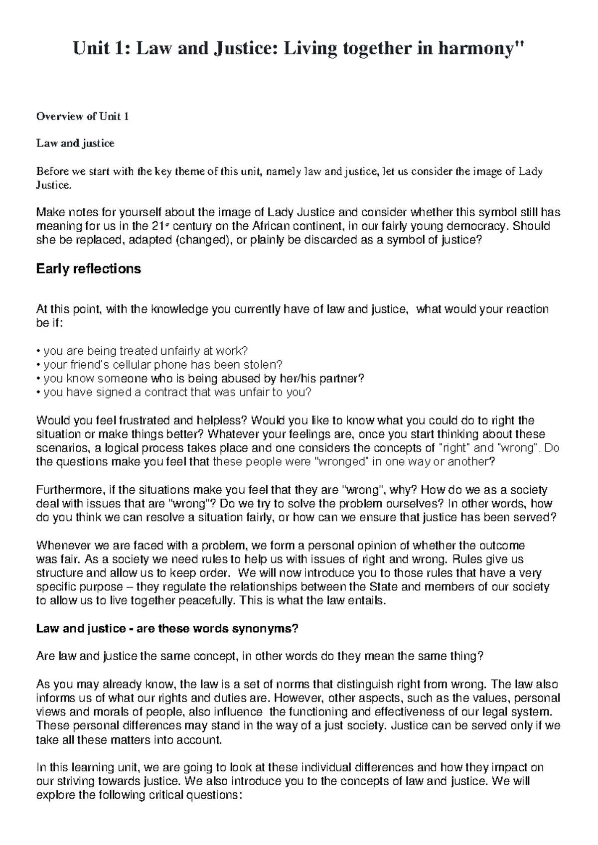 Unit 1 Law and Justice - Comprehensive Summary and Insights - Studocu