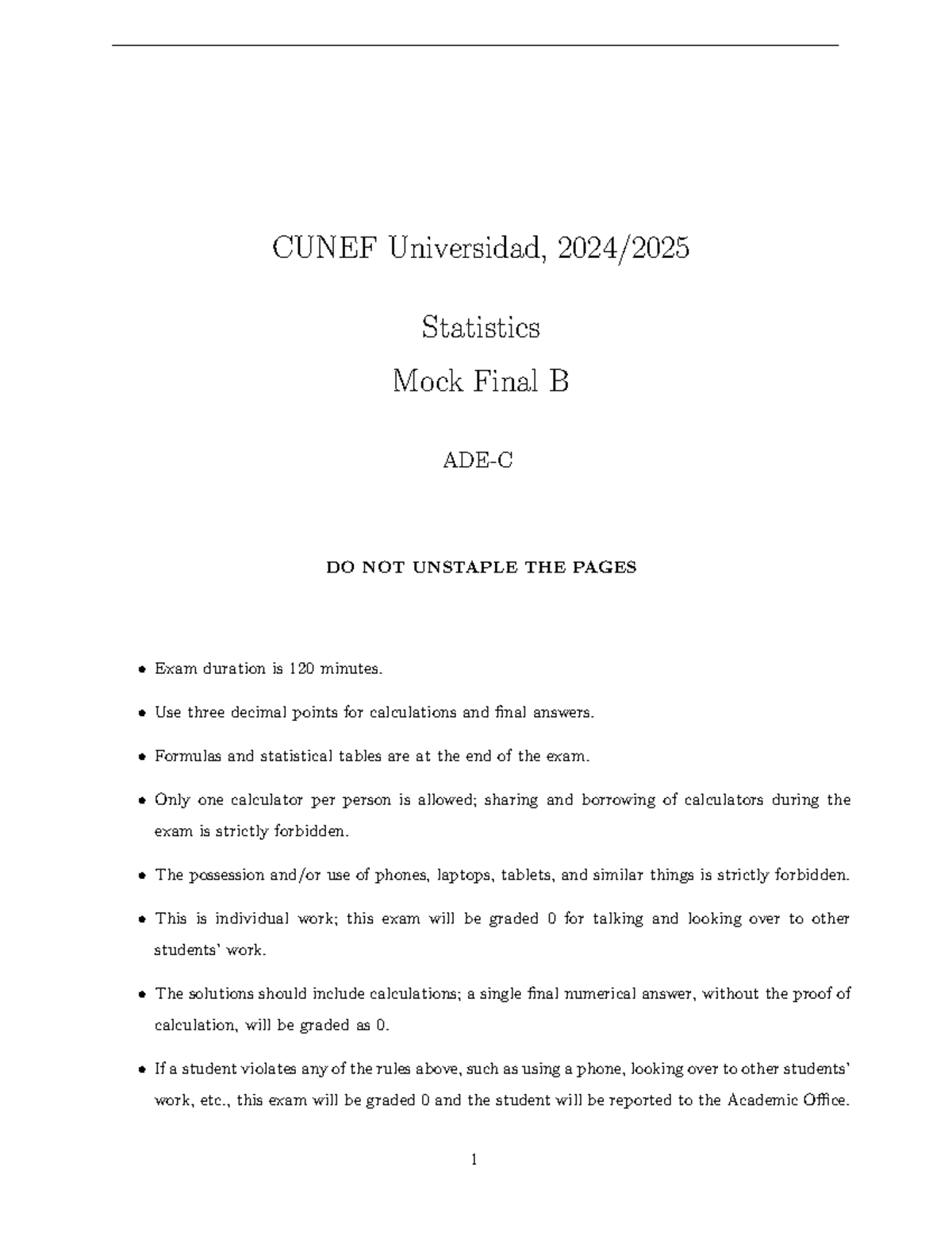 CUNEF Statistics Mock Final Exam B - Model Solutions - Studocu