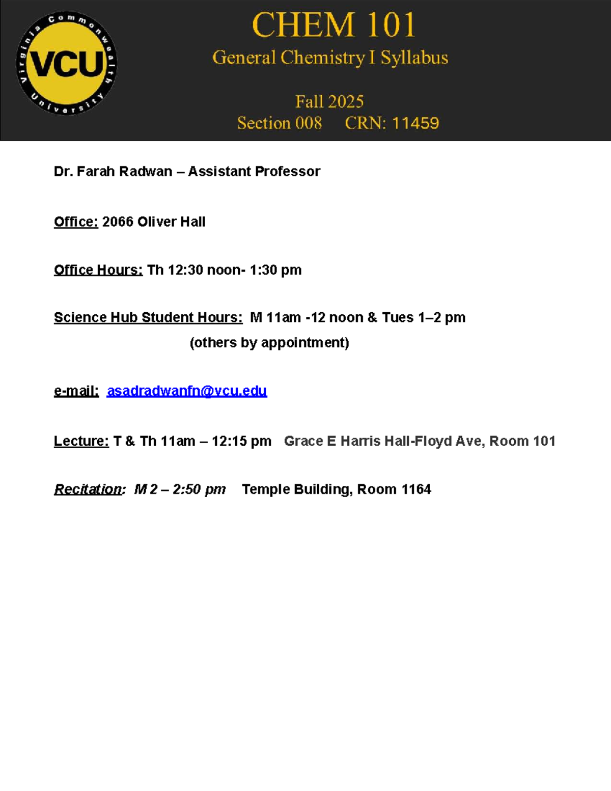 CHEM 101 Fall 2025 Syllabus & Course Policies - Dr. Radwan - Studocu