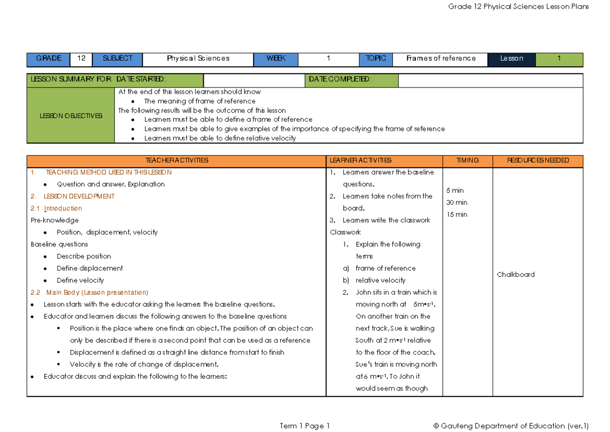 Physicalsciences grade 12 term 1 - GRADE 12 SUBJECT Physical Sciences ...