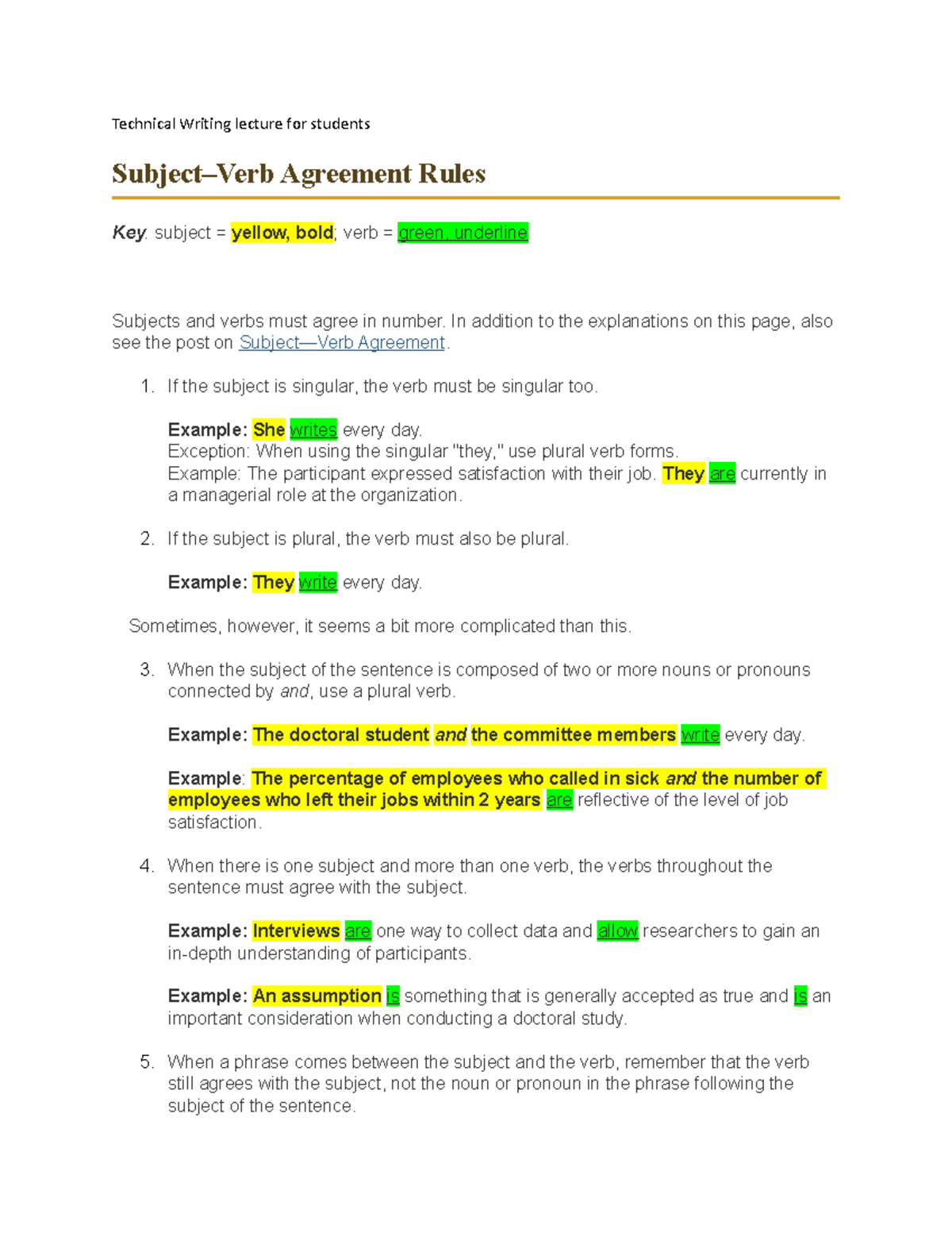 Technical Writing Lecture: Subject-Verb Agreement Rules - Studocu