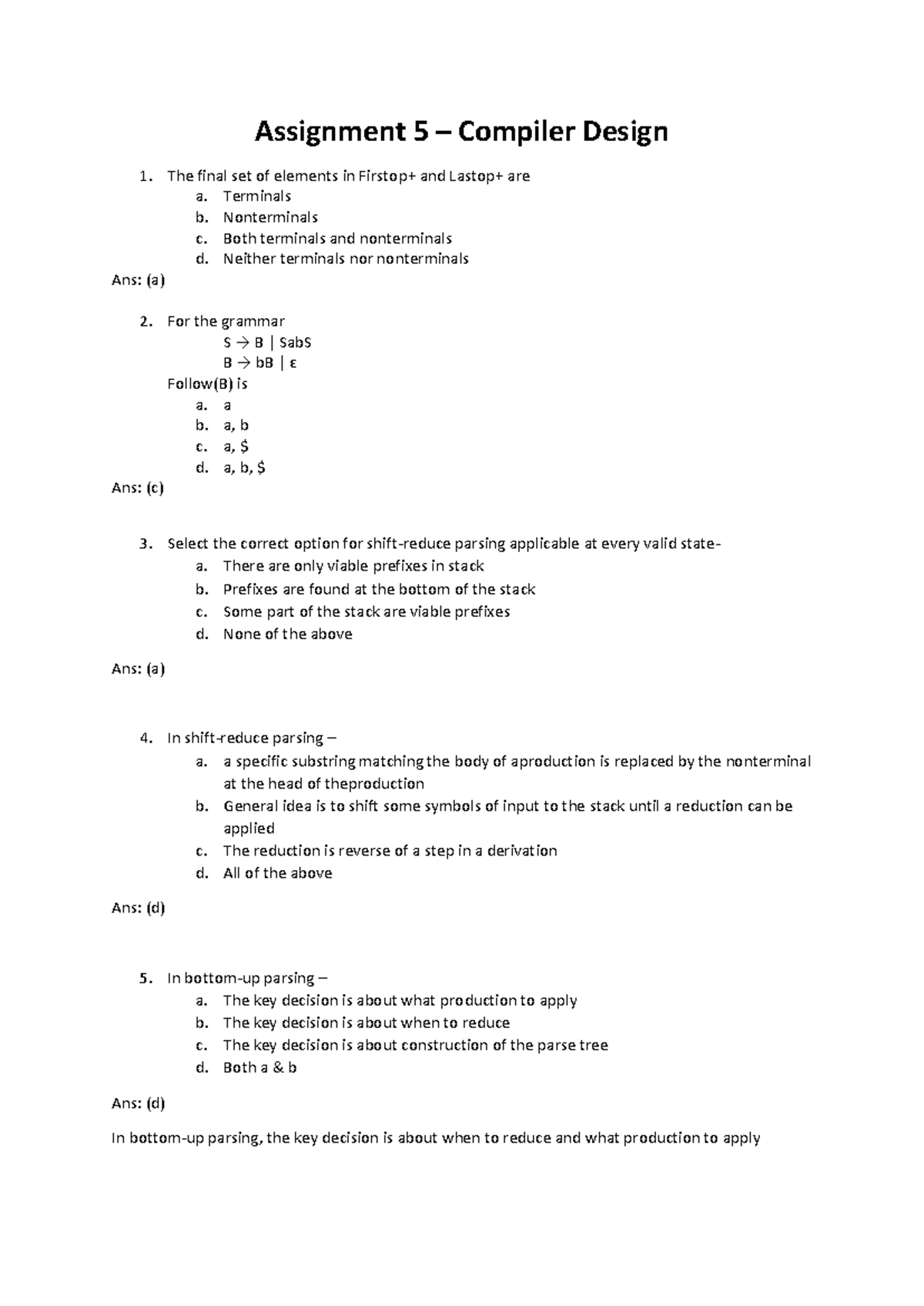 Assignment 5 - Compiler Design Concepts and Parsing Techniques - Studocu