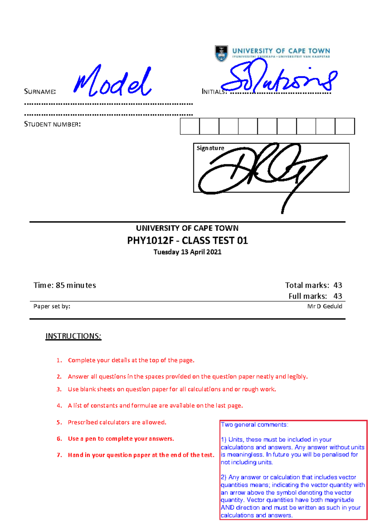 PHY1012F Class Test 01 Solutions - April 2021 - Studocu