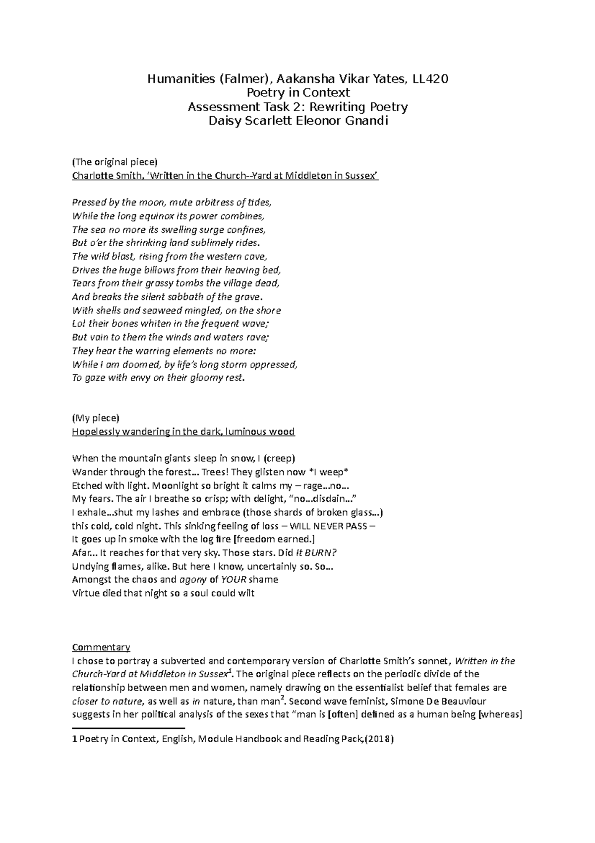Assessment Task 2: Rewriting Poetry Analysis for ENG 101 - Studocu