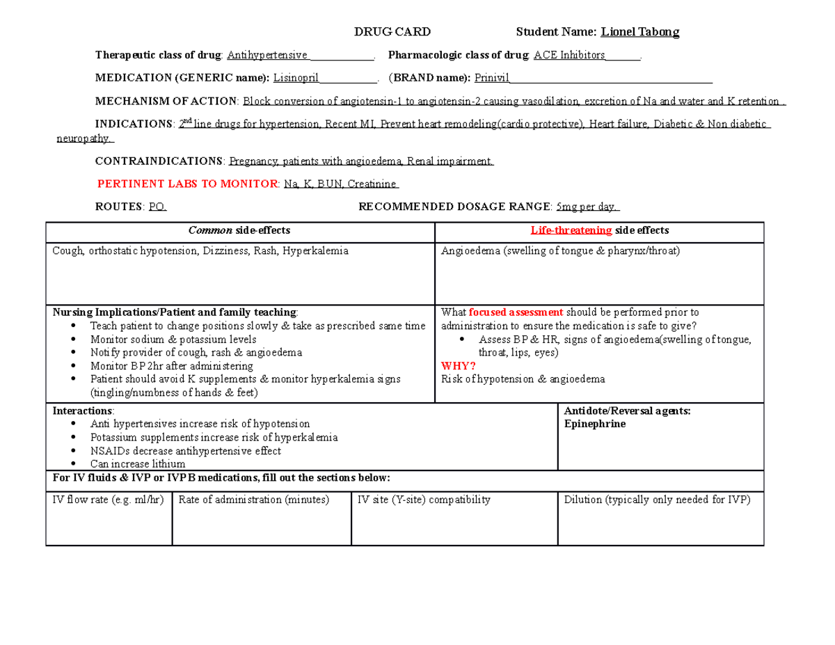 Lisinopril Drug Card for ACE Inhibitors: Indications and Side Effects