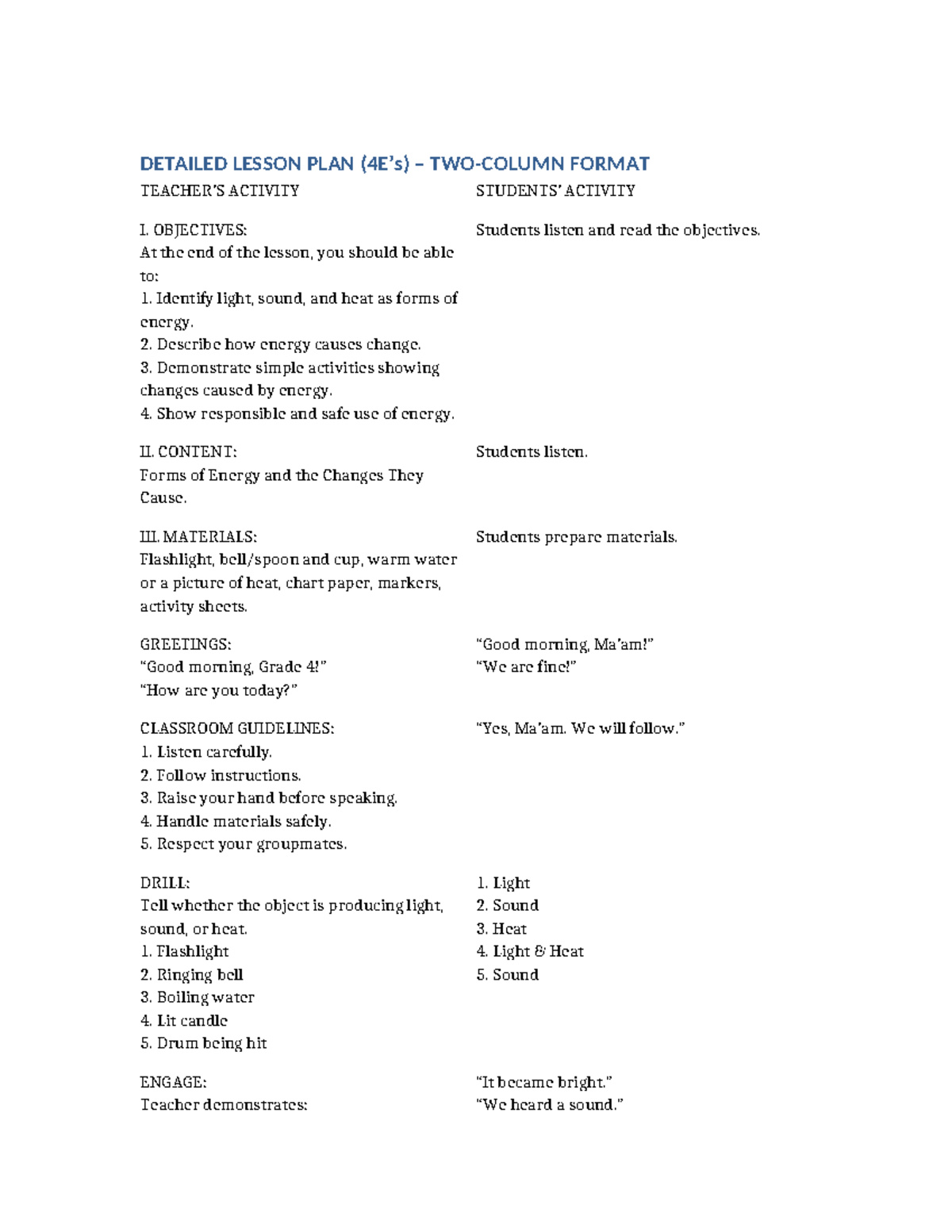 Science 4 4Es Detailed Lesson Plan on Energy Forms and Changes - Studocu