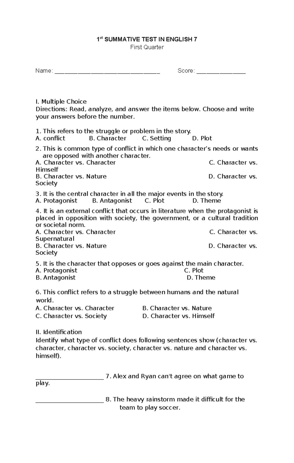 1st Summative TEST IN English 7 - 1 st SUMMATIVE TEST IN ENGLISH 7 ...
