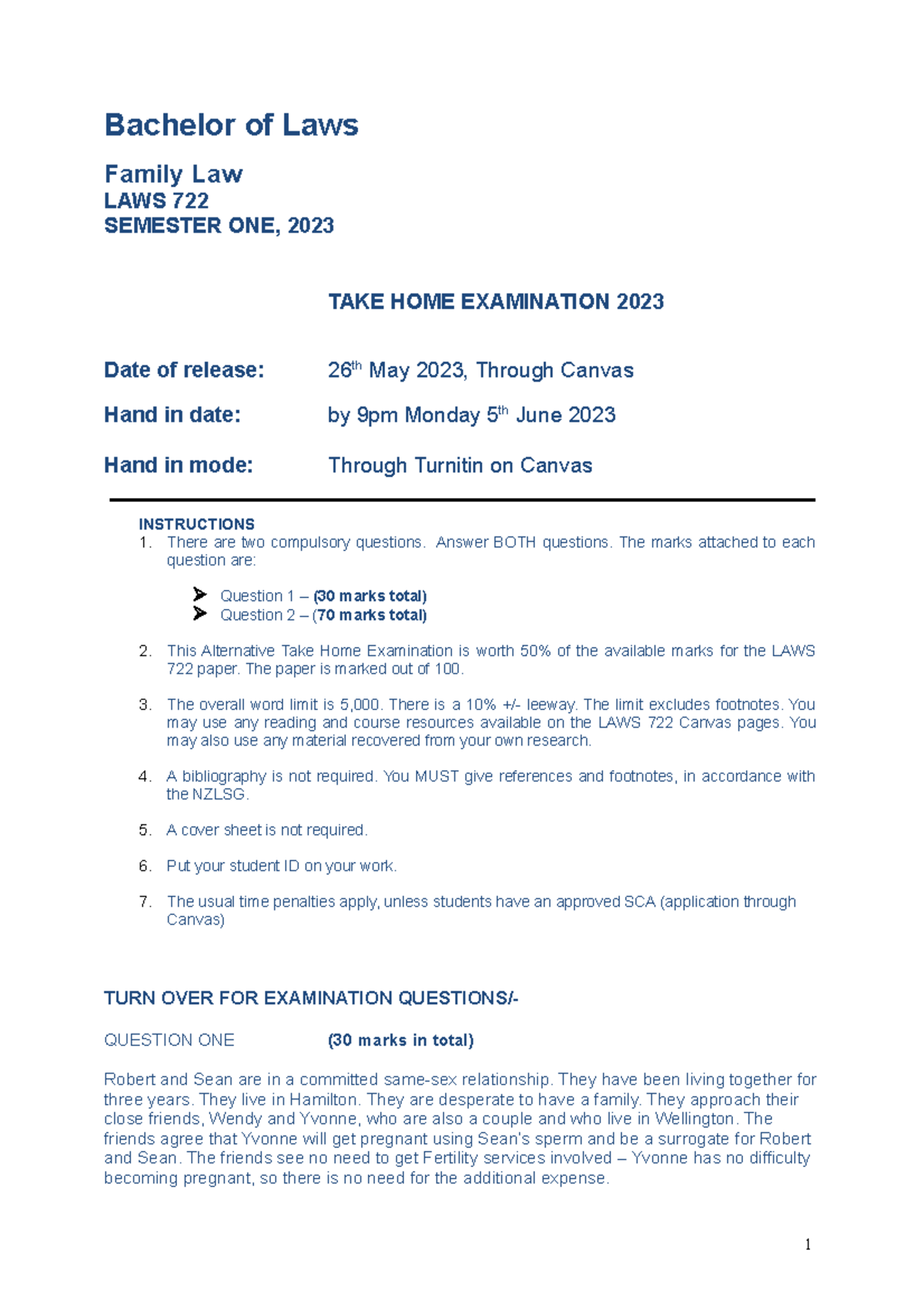 LAWS 722 Family Law Take Home Exam Questions - Semester One 2023 - Studocu