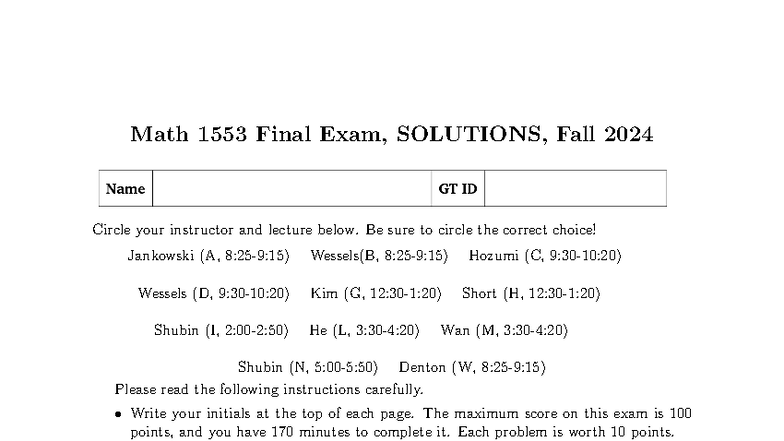 Math 1553 Final Exam Solutions, Fall 2024 - Studocu
