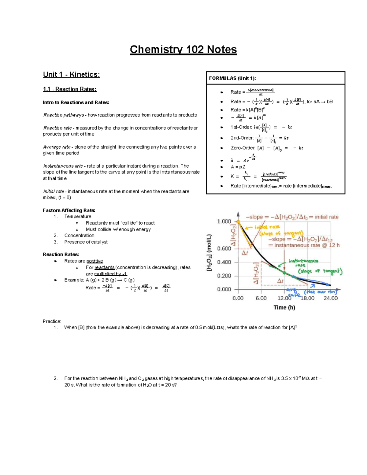 CHEM 102 Final Exam Notes: Unit 1 Kinetics and Reaction Rates - Studocu
